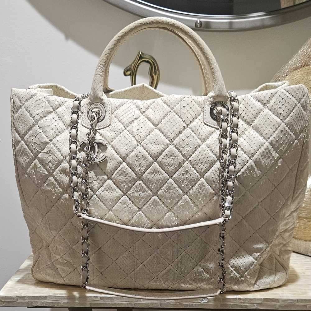 CHANEL Cream Snakeskin SHIVA Quilted Tote With Original Paperwork